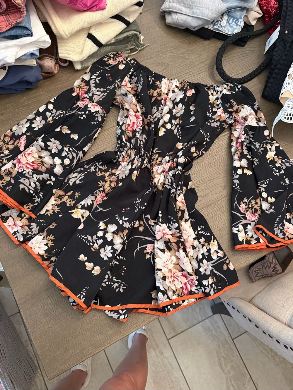 Black Floral Off-Shoulder Romper with Orange Trim